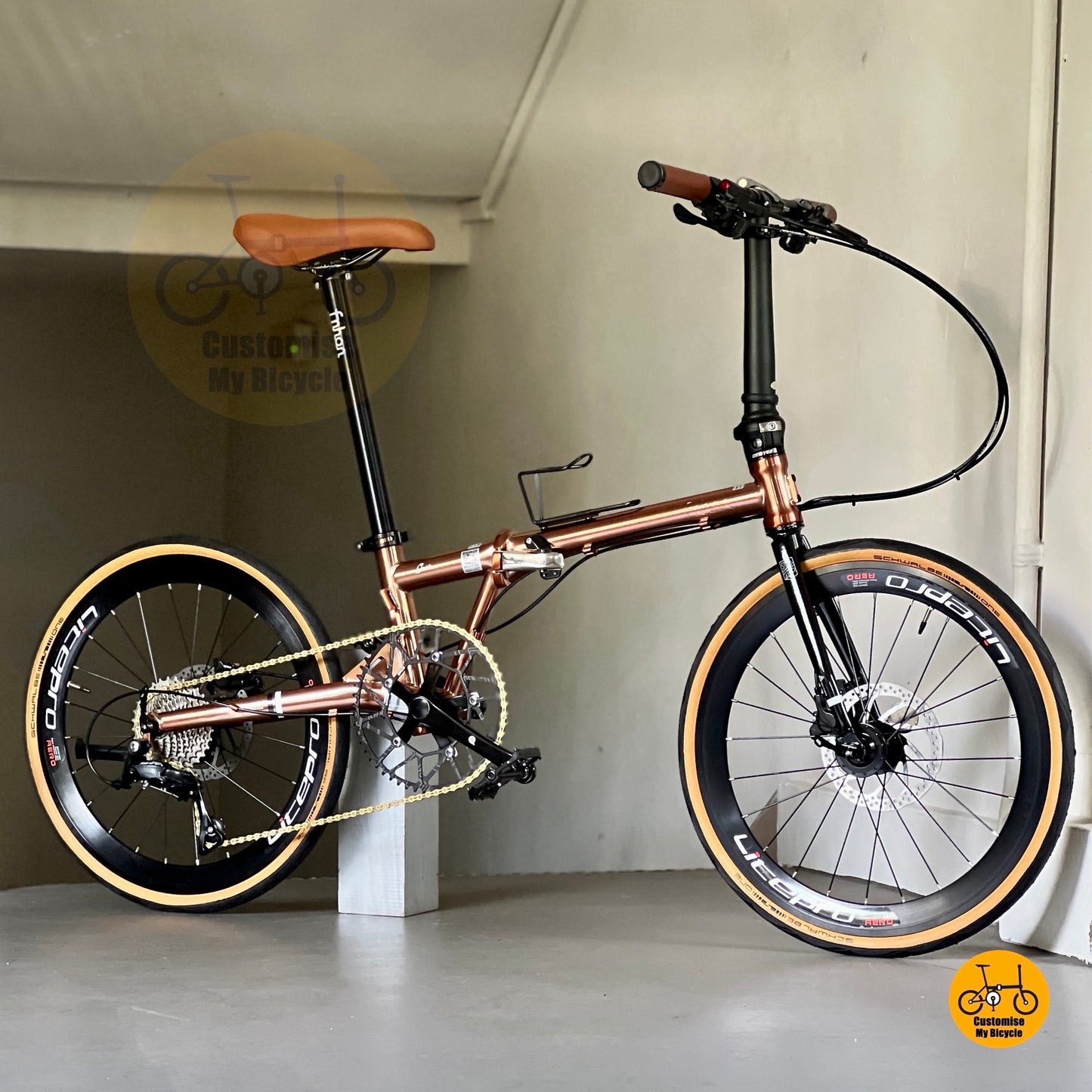 10. Titanium gold Fnhon Gust folding bicycle with high-gloss metallic frame and detailed shadow under sunset glow.