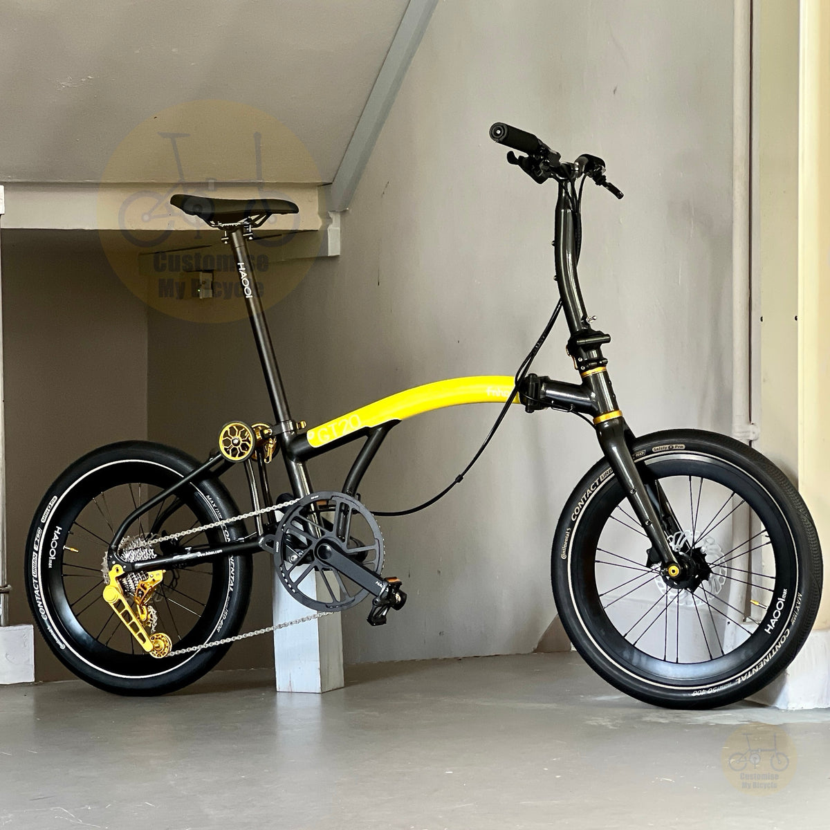 Fnhon GT20 Bumblebee 20 inch folding bicycle folded compactly showing the trifold design compact frame and easy transport configuration