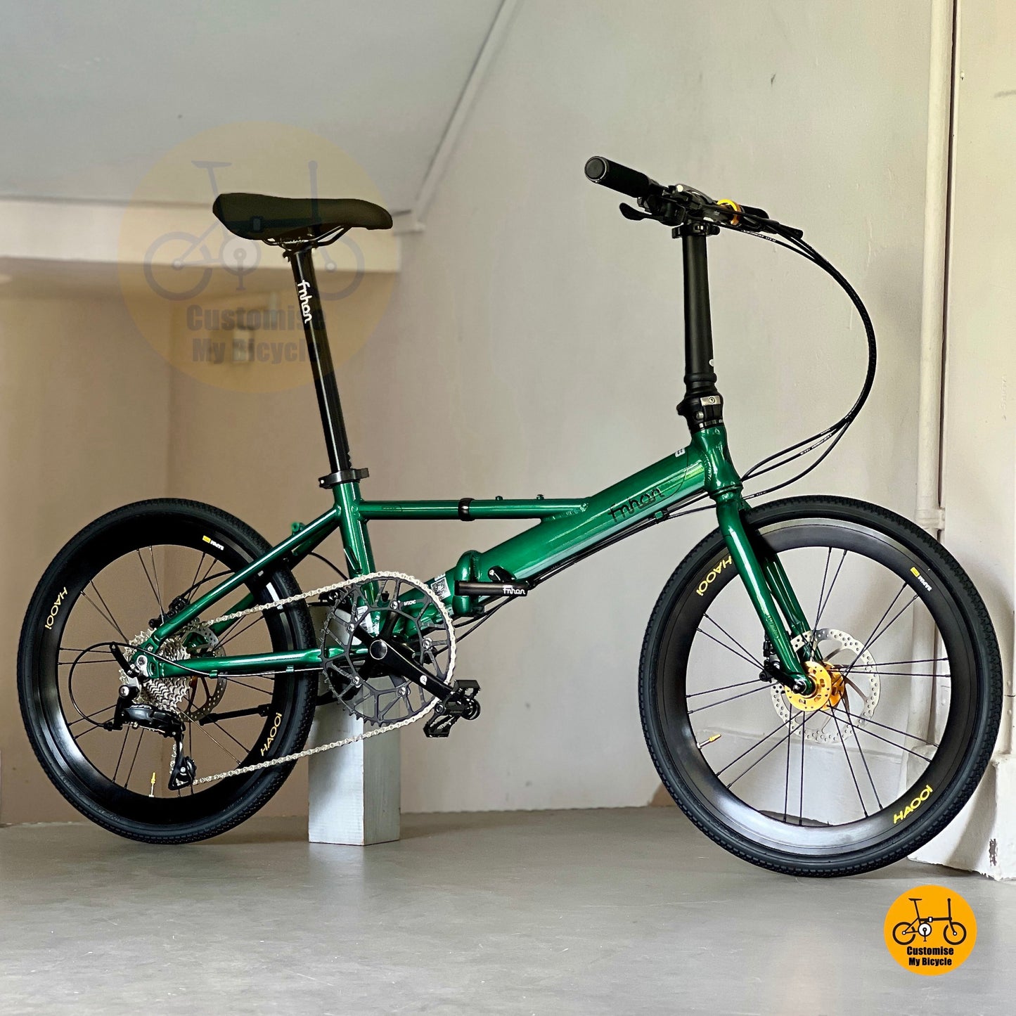 Fnhon Monsoon 22 inch Emerald Green Gold Folding Bike Shimano 9 Speed HAOOI Wheels
