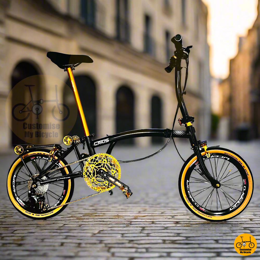 Crius Trifold 18-inch Folding Bike – Black Gold Frame with Tan Wall Tyres
