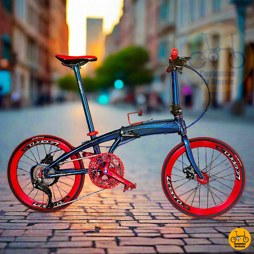 Crius Velocity 22 Inch – Chameleon Blue Foldable Bicycle with Red Wheels
