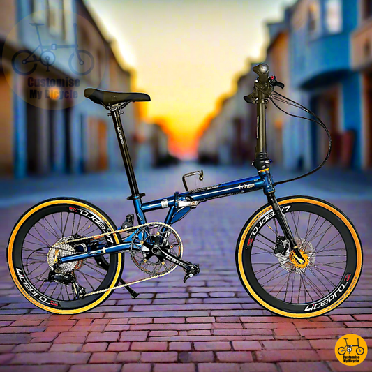 Fnhon Gust 22-inch Folding Bike – Deep Sea Blue Frame with Gold Wheels
