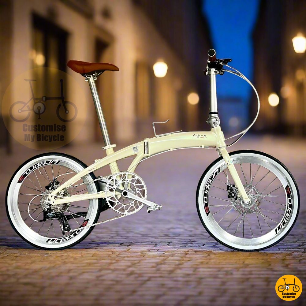 Fnhon Tornado 22 Inch folding bike with white wall tyres and silver hollowtech crankset  
