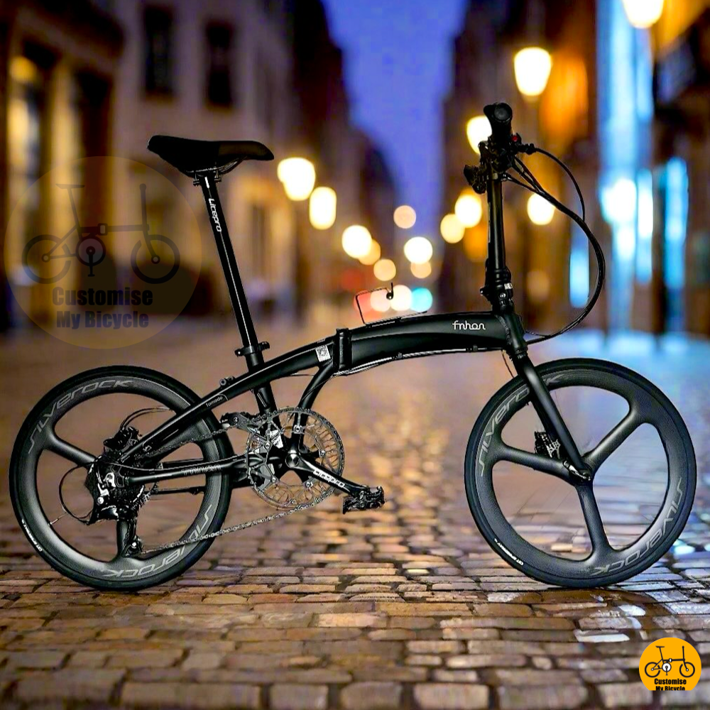 Fnhon Tornado 22-inch matte black folding bike with Silverock tri-spoke wheels