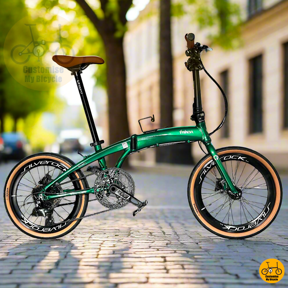 Fnhon Tornado 20-inch Emerald Green Foldable Bike – Eco Vibes & City-Ready with Brown Accents
