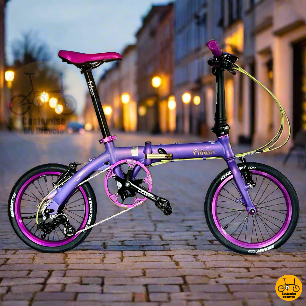 Fnhon Breeze 16 Inch Folding Bike With Sensah 3 Gears Lightweight Eva Purple Neon Yellow  
