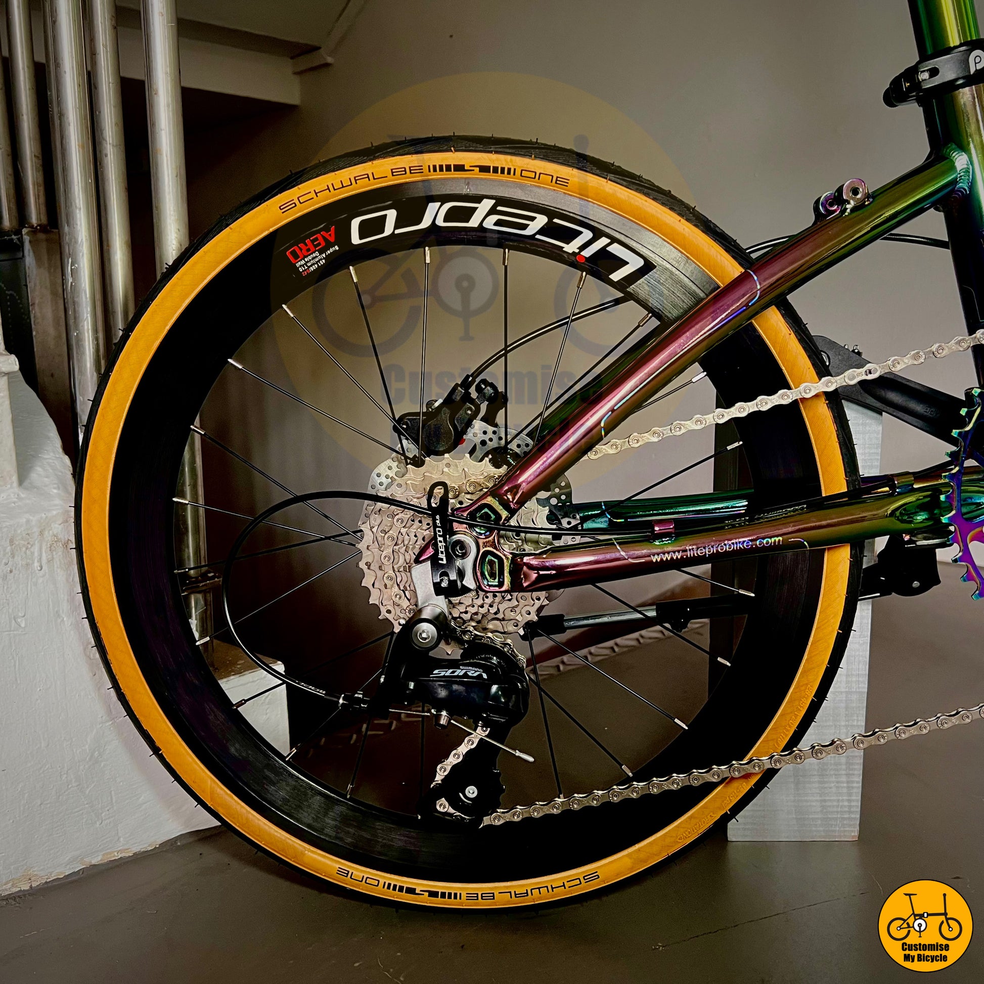 Schwalbe One tyre on Electroplated Crius Master 22-Inch Foldable Bicycle – Built for Speed & Style
