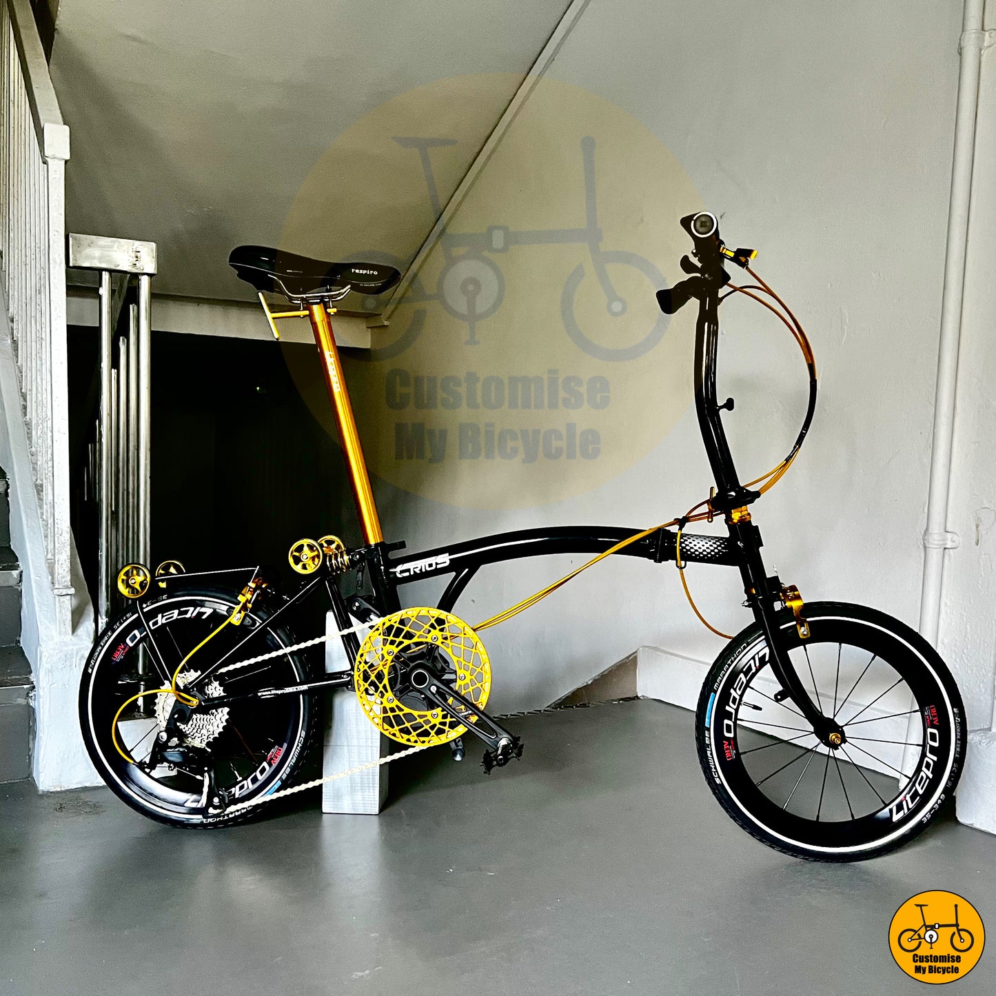 Crius Trifold 18-inch Premium Foldie – Stylish Commuter Bike with Gold Accents
