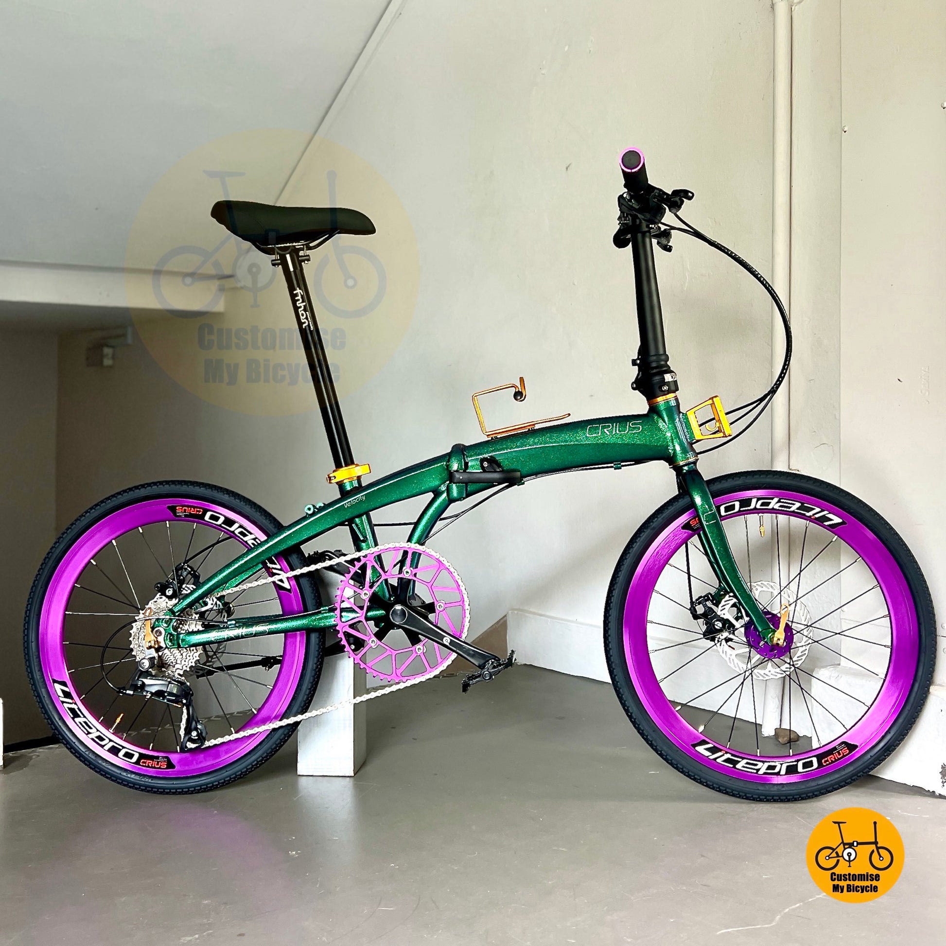 Crius Velocity 22 inch chameleon green folding bike full side view
