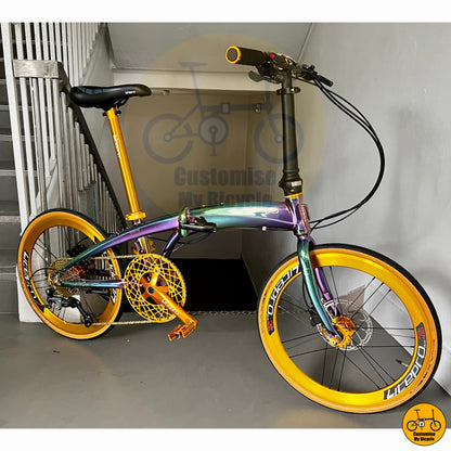 Crius Velocity 22-inch Foldie – Premium Commuter Bike with Gold Wheels & Oil Slick Frame
