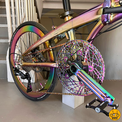 Close-up of the oil slick crankset and chainring for smooth power transfer
