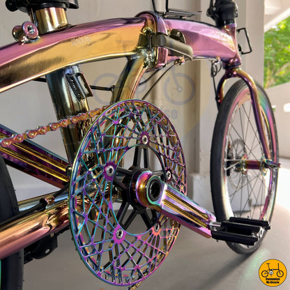 Oil slick chainring with a stylish open-cut design
