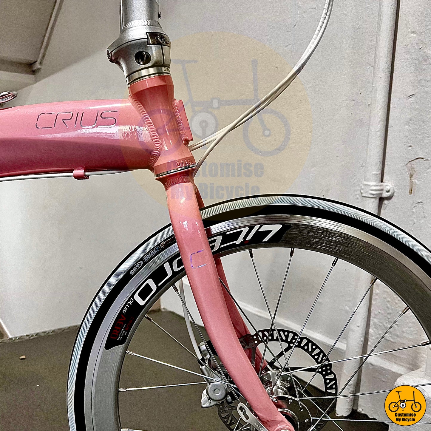 Soft pink Crius Velocity 22-inch foldie with Litepro crankset and chainring
