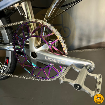 Litepro crankset with an oil slick chainring for improved pedaling efficiency
