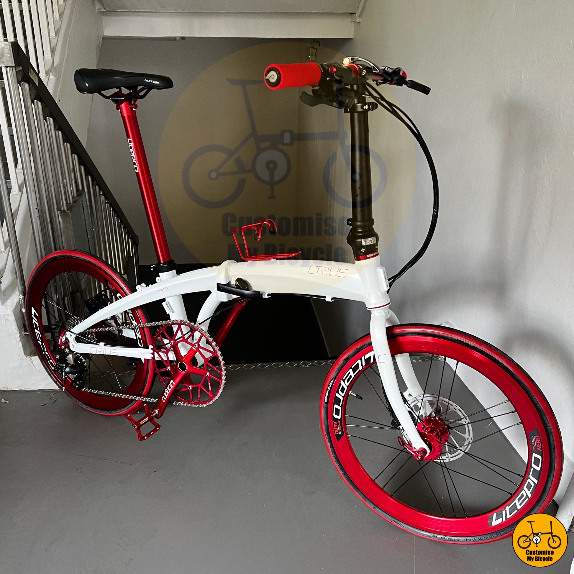 Crius Velocity 22-inch Folding Bike – Sleek White Frame with Stylish Red Litepro Wheels
