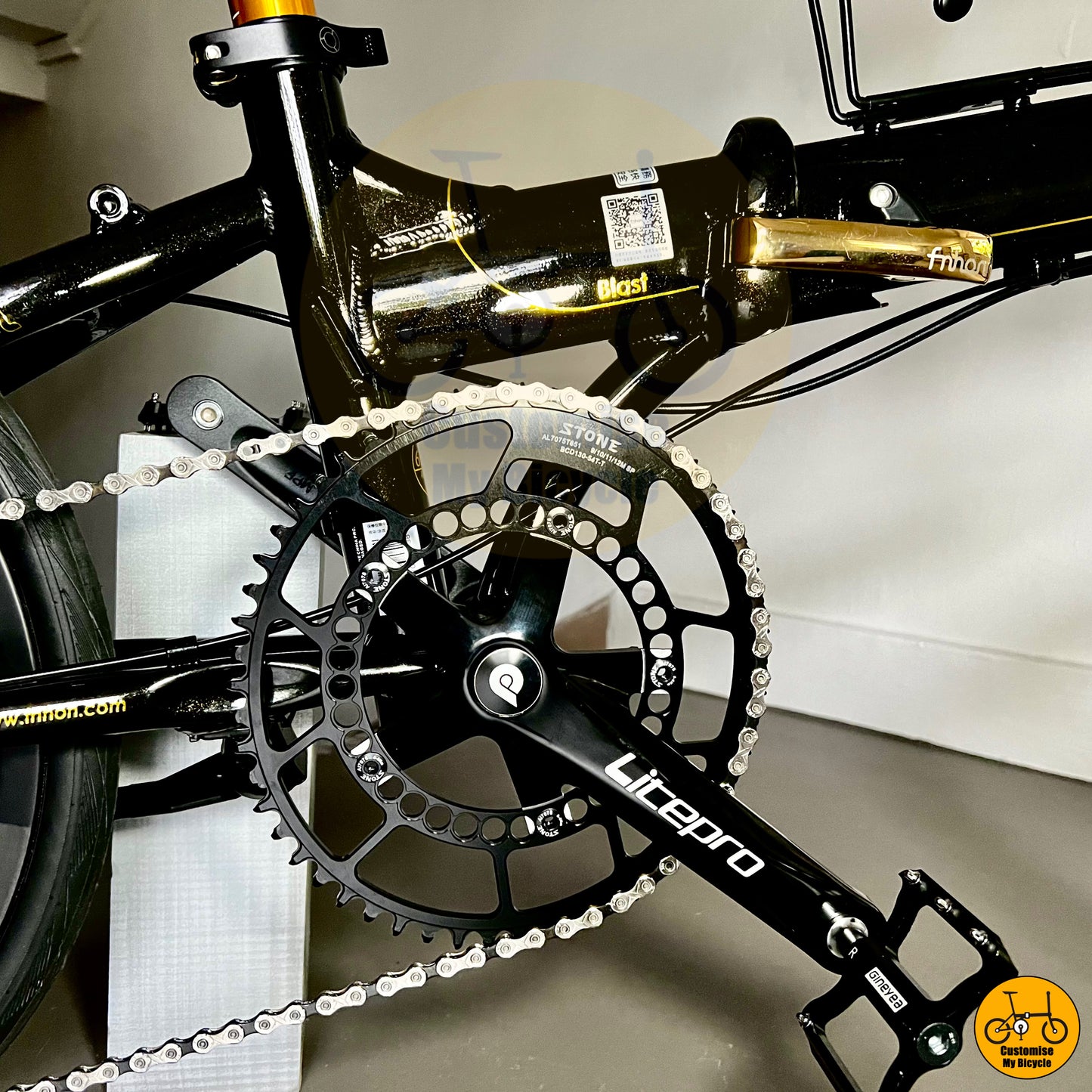 Stone hollow chainring & KMC chain on Fnhon Blast 20” Folding Bike – High-Speed Ride with Carbon Wheel & Shimano 105