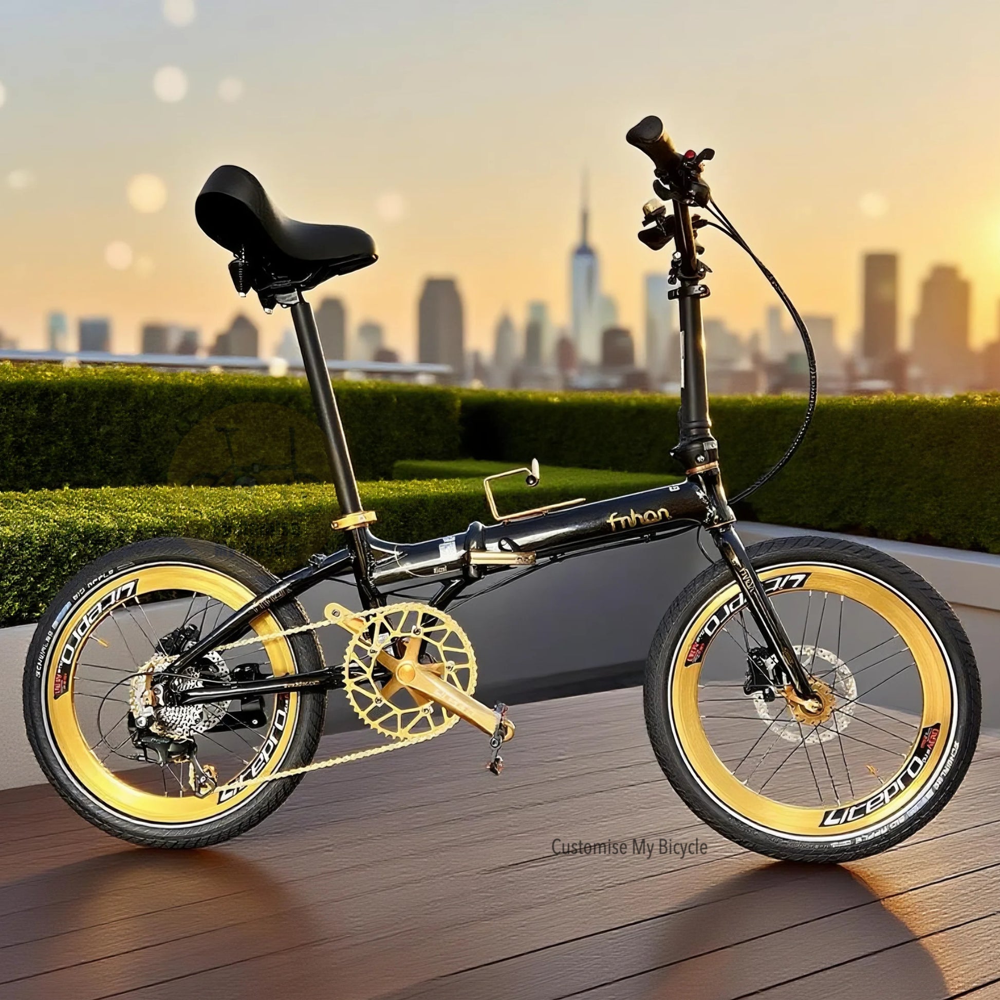 Foldable bicycle with yellow accents on a wooden deck with a cityscape in the background