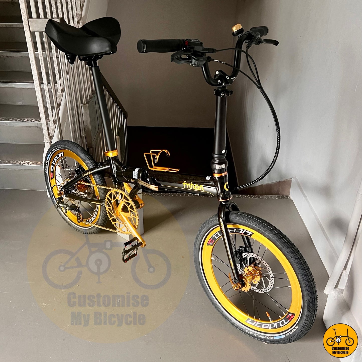 Fnhon Blast 20 inch folding bike black gold full side view lightweight foldable bicycle
