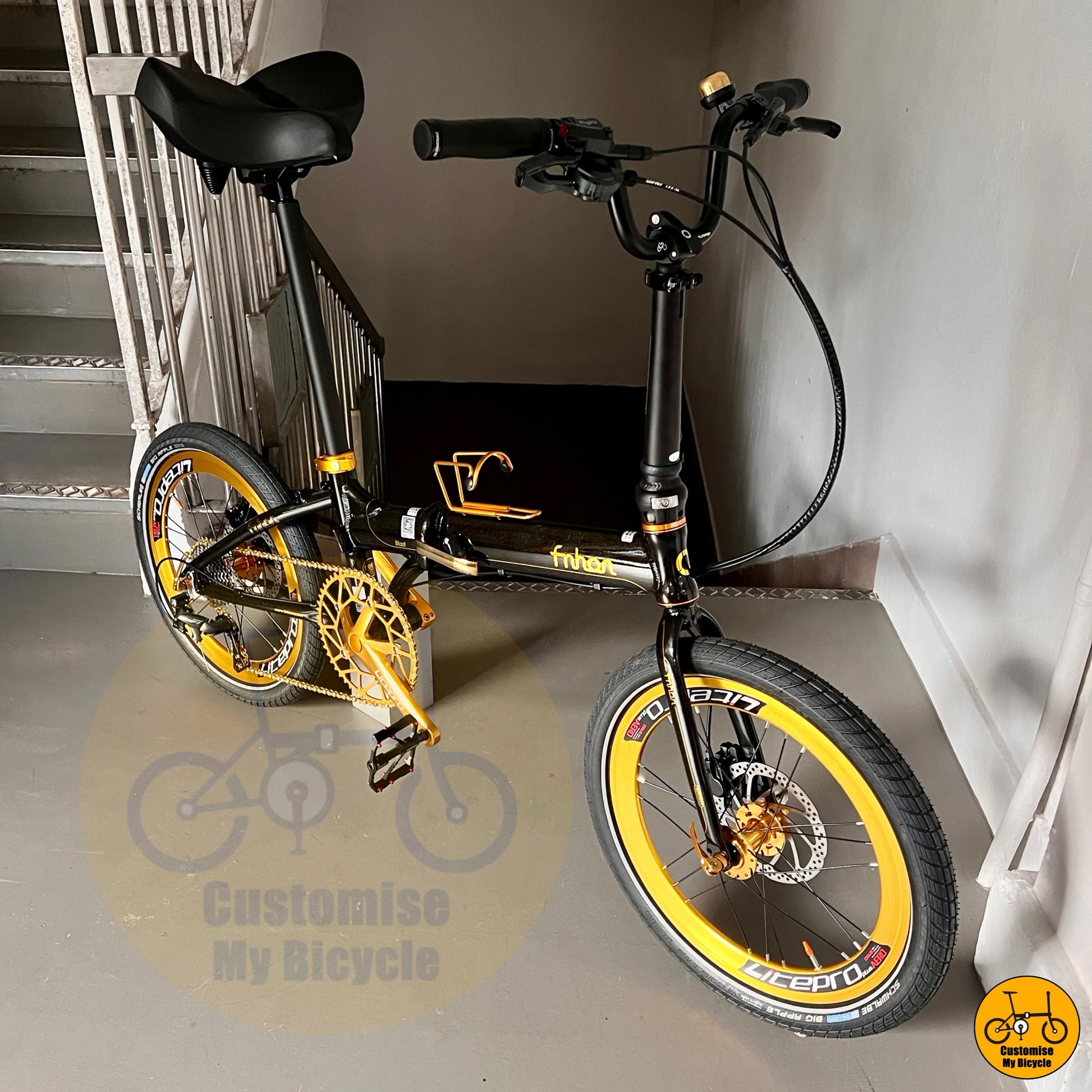 Fnhon Blast 20 inch folding bike black gold full side view lightweight foldable bicycle
