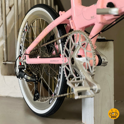 Folding bike rear view Shimano 9 speed drivetrain smooth shifting foldable bicycle
