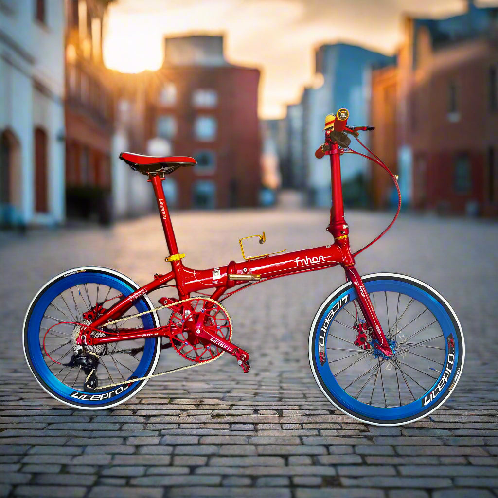 Fnhon Blast 22” Folding Bike – Red, Blue & Gold for Stylish City Riding