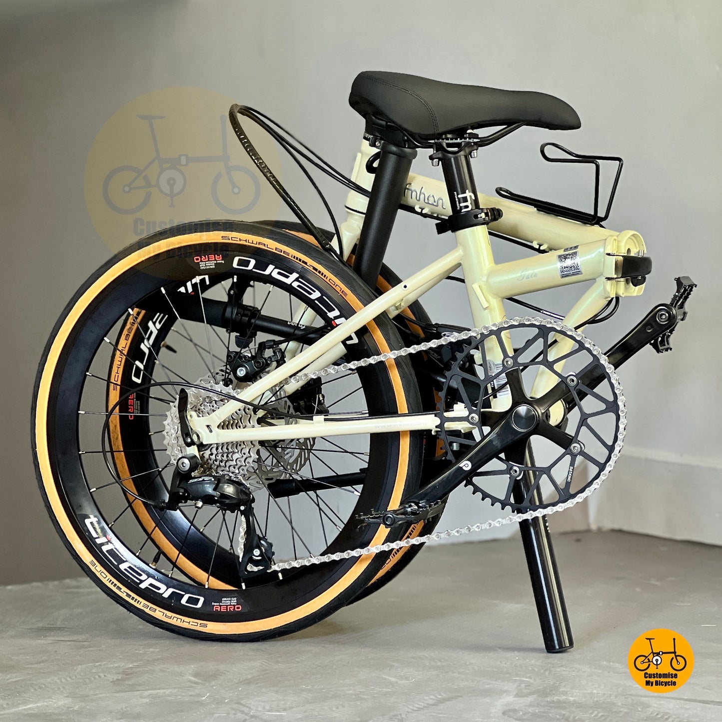 Compact foldable design of Fnhon Gale Beige 22-inch folding bicycle with strong chromoly steel frame
