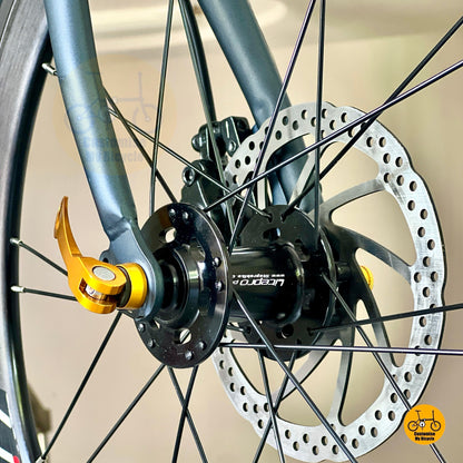 Litepro Plus wheel hub on Fnhon Gale 20“ 451 with gold colour LITEPRO quick release skewer
