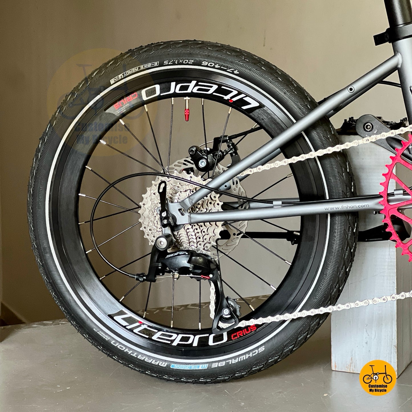 Shimano 9 speed gears close up derailleur cassette folding bike drivetrain detail