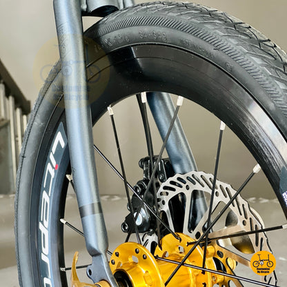 Fnhon Gust foldable bike CST fast rolling tyres close up front wheel
