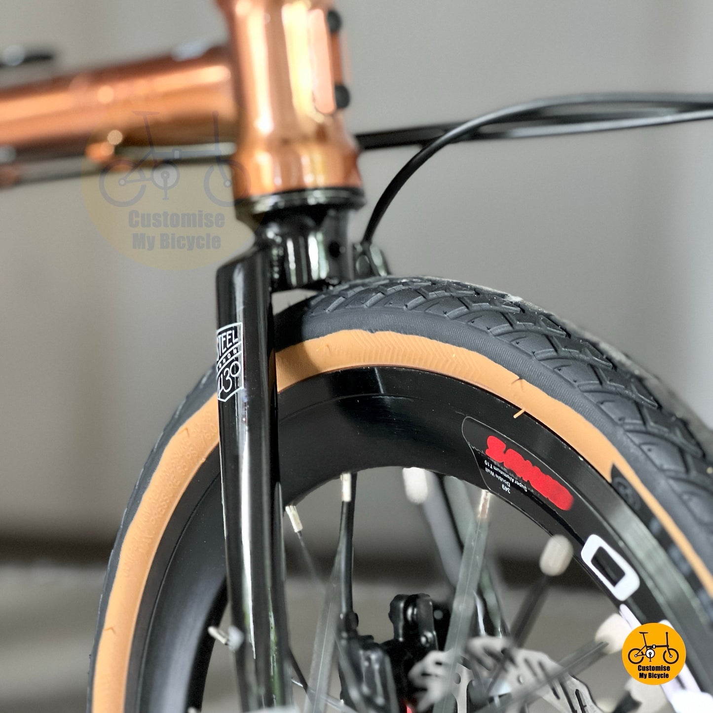 Front wheel low-angle shot displaying LITEPRO Aero 349 rims and brown tyres under natural light