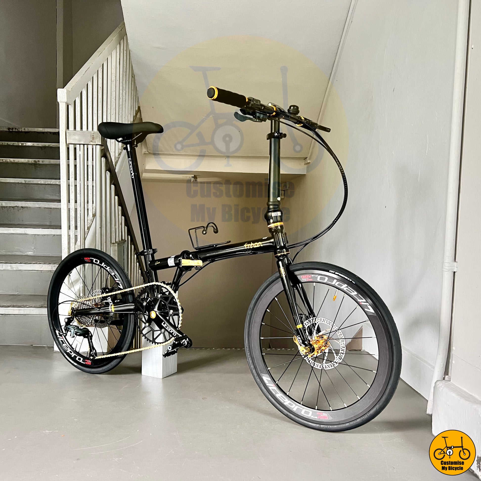 Fnhon Gust 22-inch folding bike with black gold frame and disc brakes
