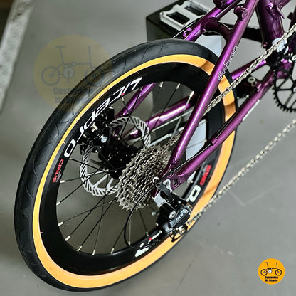 Close up of Shimano 9 speed gears on Fnhon Blast Royale Purple folding bicycle
