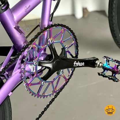 Close up of FNHON Hollowtech crank and LITEPRO oil slick hollow 54t chainring
