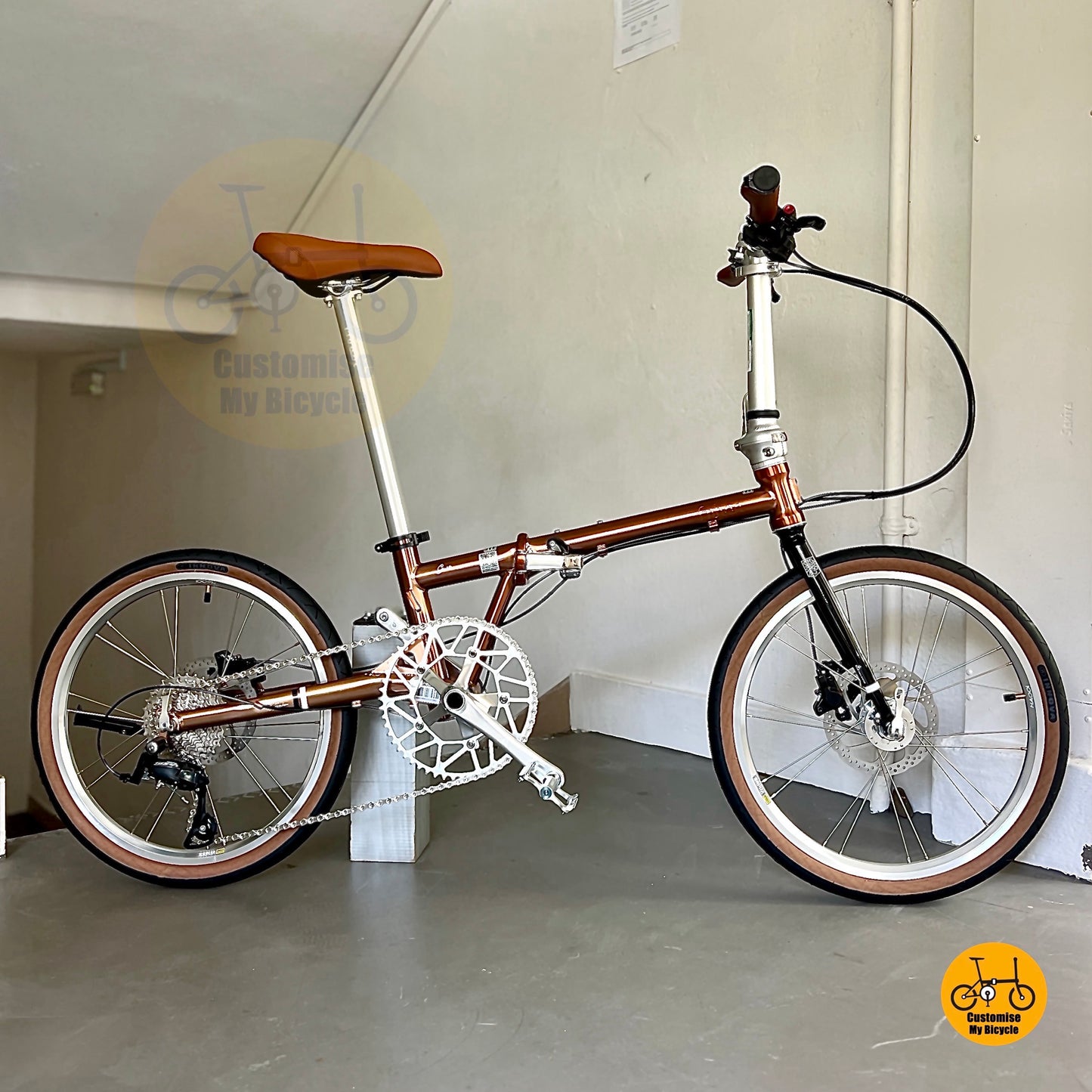 Side view of Fnhon Gust 22 inch rose gold folding bike with silver handlepost
