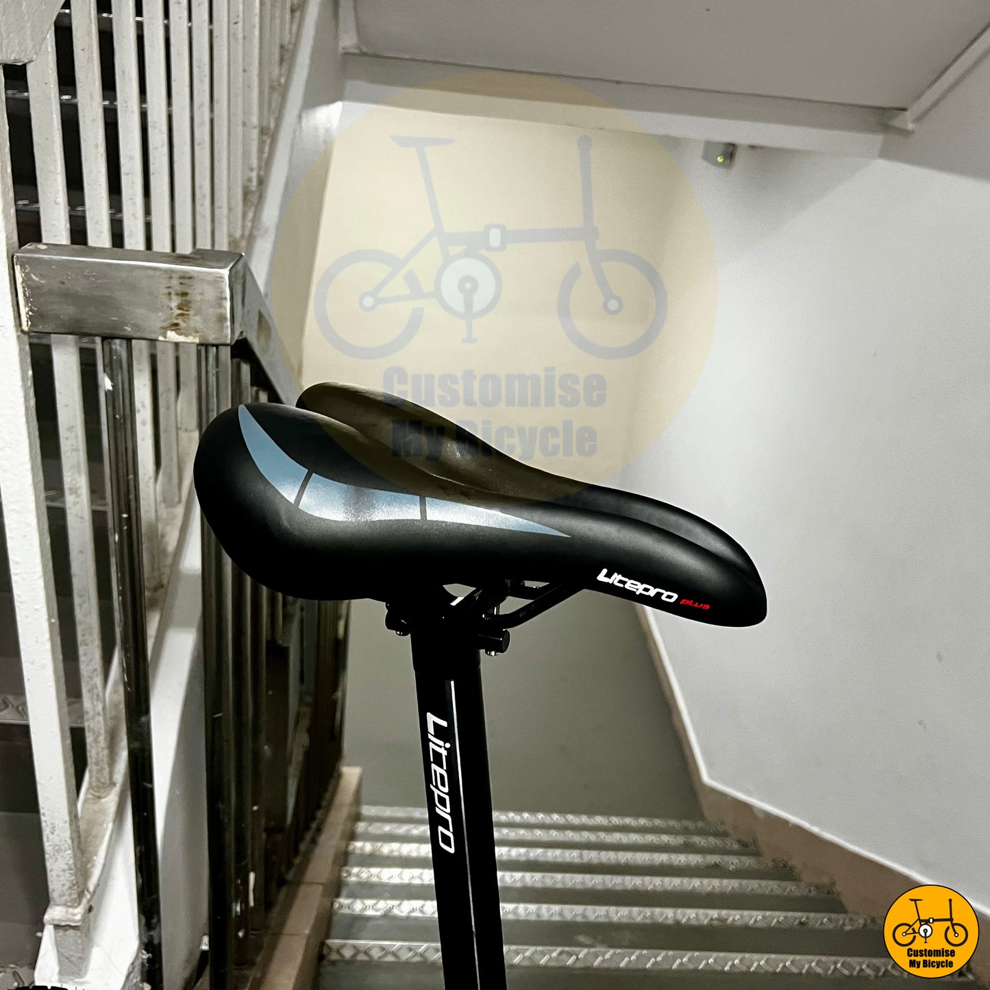 Litepro saddle on durable foldable bicycle with smooth-rolling wheels and superior handling
