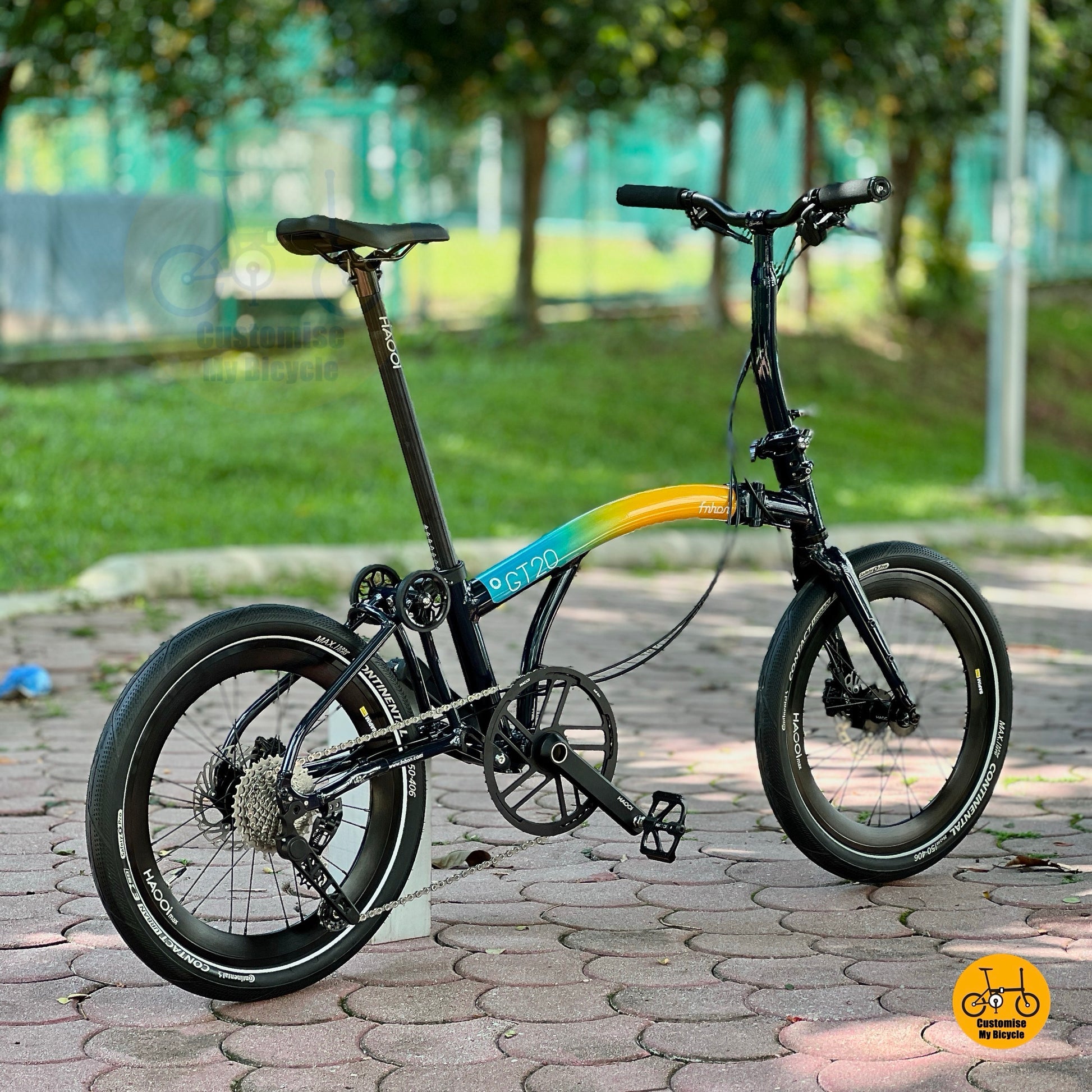 Lower Side View of Fnhon GT20 20" Trifold Aurora Blue with 10 gears and Hydraulic Brake
