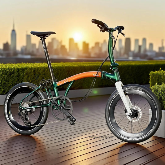 Fnhon GT20 20 inch folding bike Orange Teal Green lightweight aluminium alloy frame urban commuter folding bicycle side view
