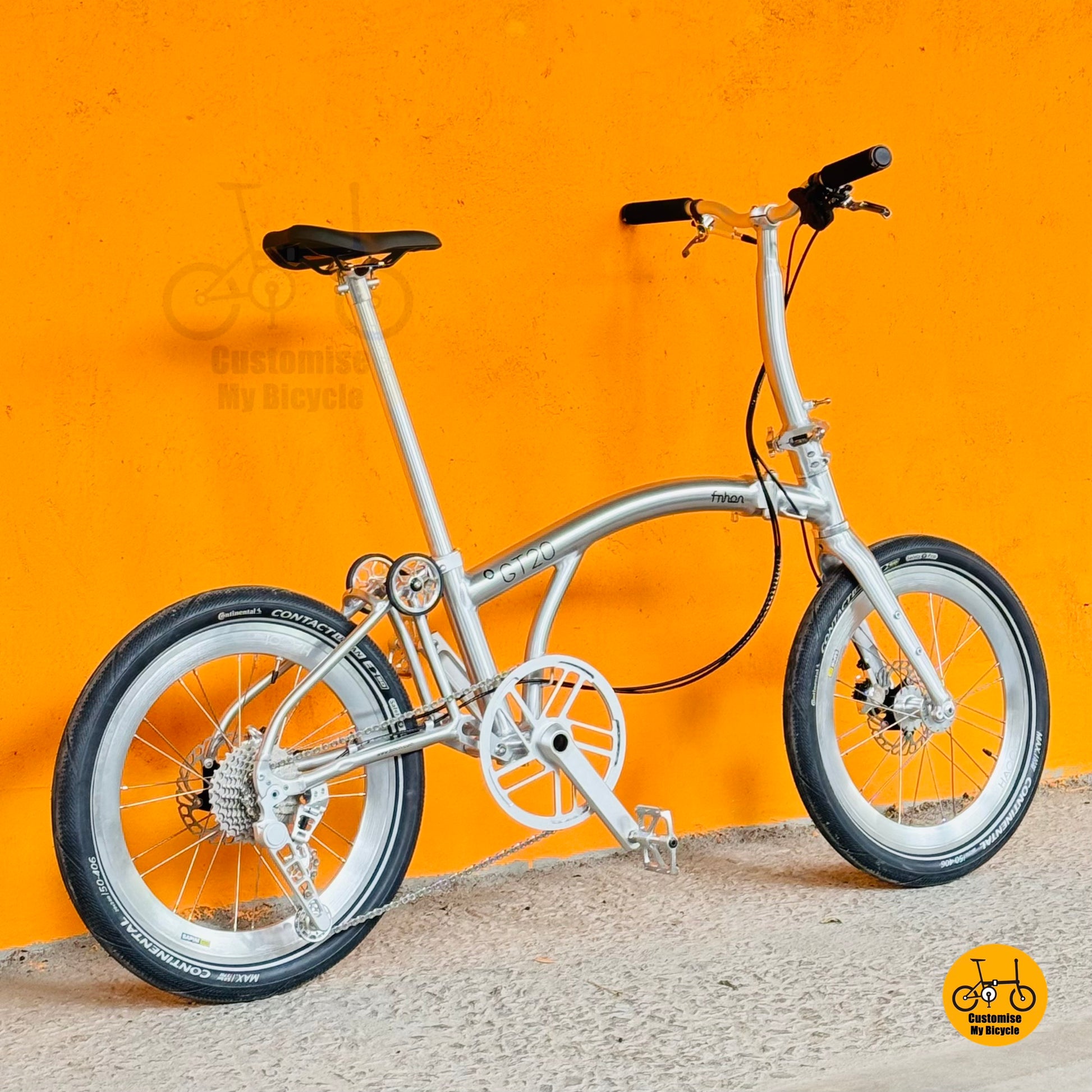 Fnhon GT20 20" Trifold • Platinum Silver Compact Folding Bicycle • Hollowtech Crank • 10-Speed Gearset
