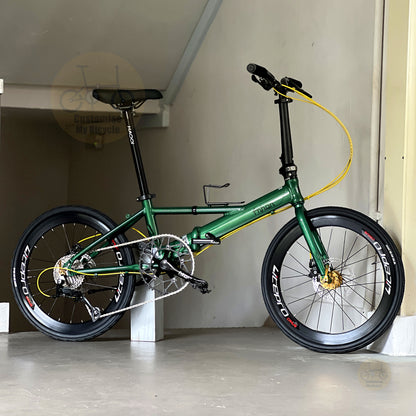 Basikal lipat Fnhon Monsoon 22 inch warna Emerald Green dengan Shimano 9 gears reka bentuk ringan dan kompak