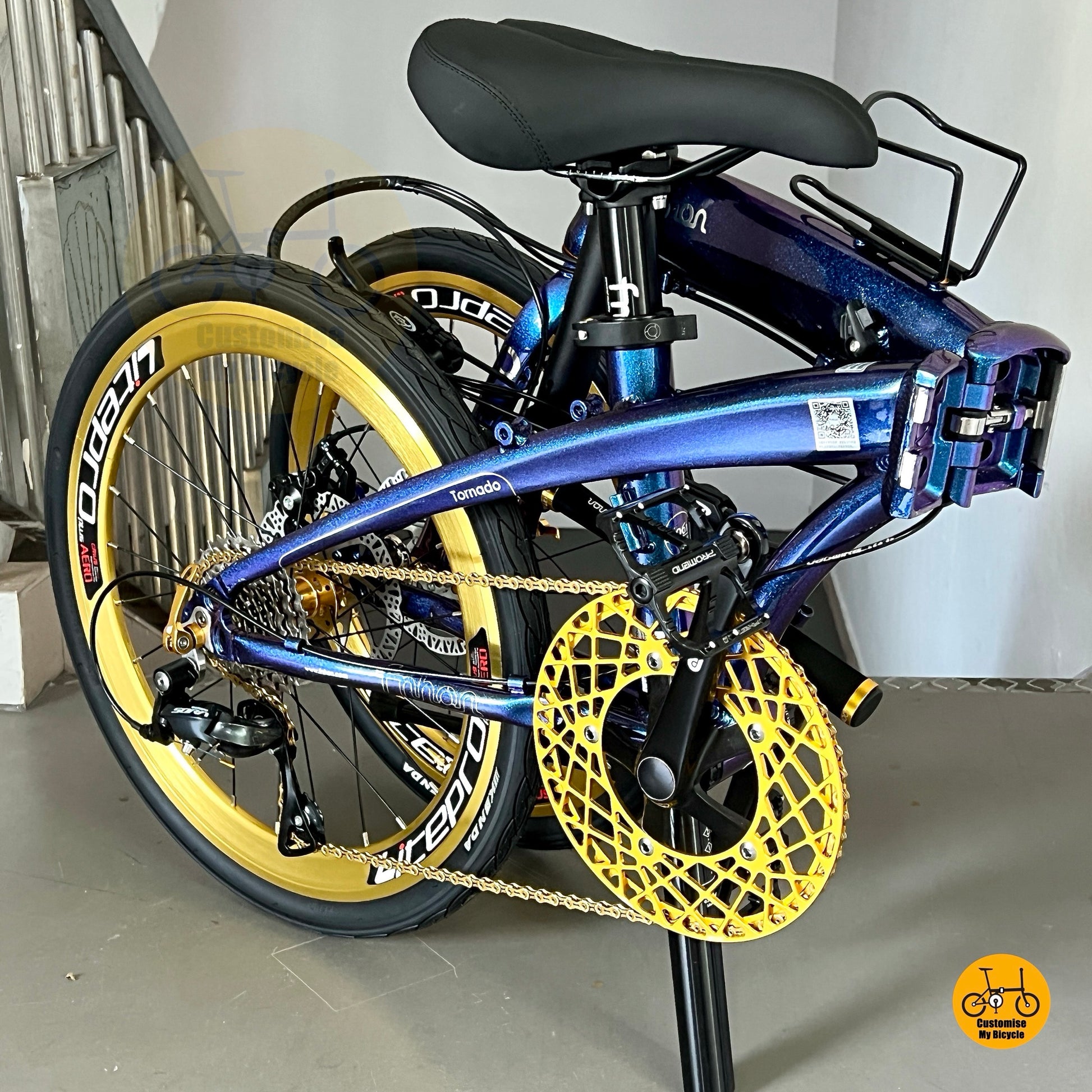 Folded version of Fnhon Tornado Shimano 9 speed folding bike Singapore

