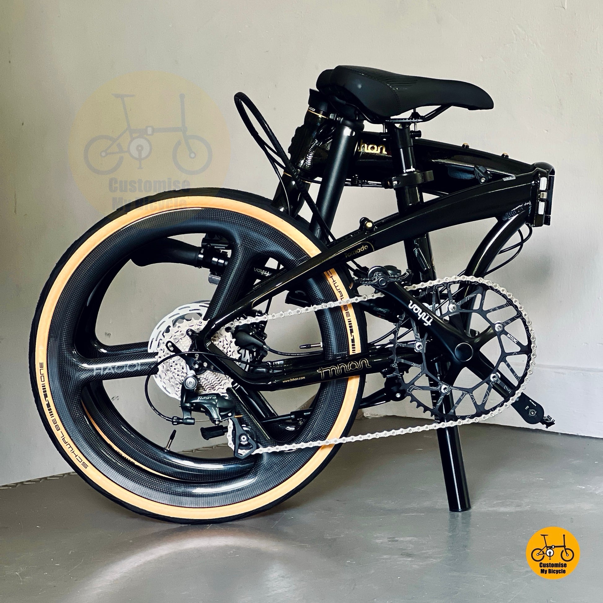 Folded Version of Fnhon Tornado 22 inch folding bicycle overall front angle with Shimano 10 gears