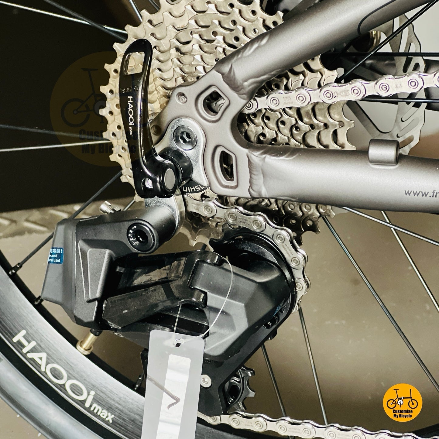 Folding bike close up WHEELTOP EDS OX2.0 wireless 12 gears drivetrain cassette derailleur detail