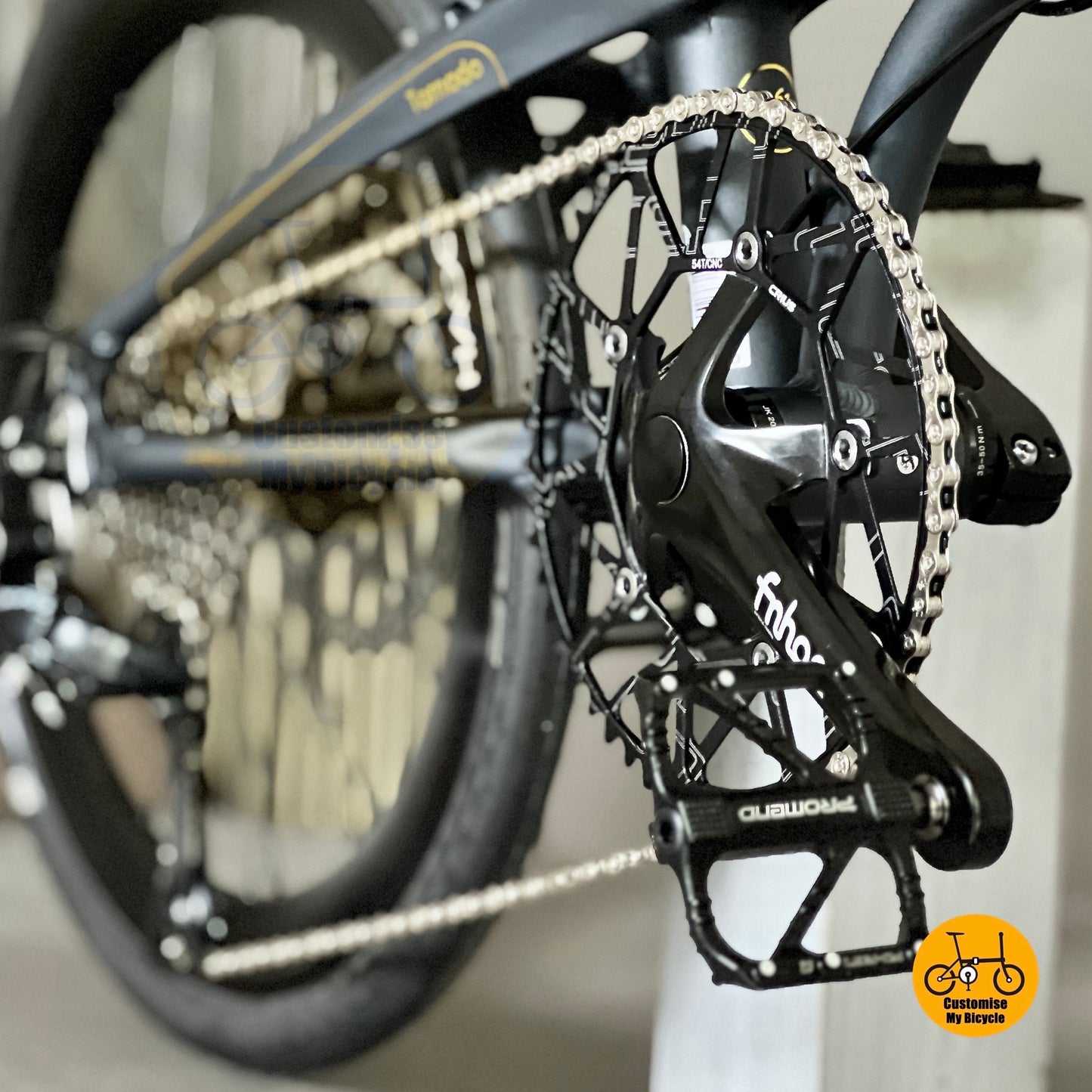 Close up of FNHON LITEPRO hollow 54t chainring on folding bicycle
