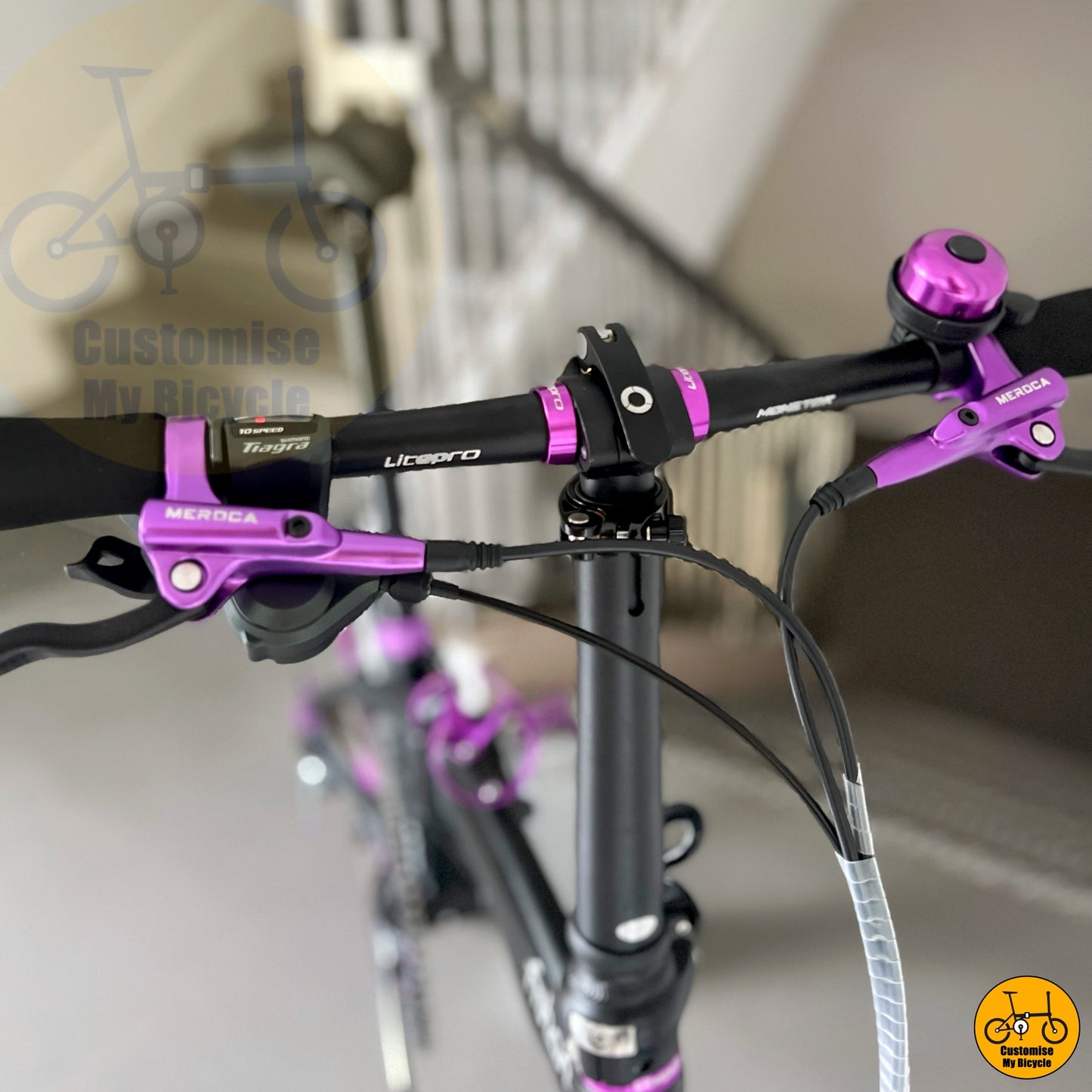 violet handlebar grips with matching headset

