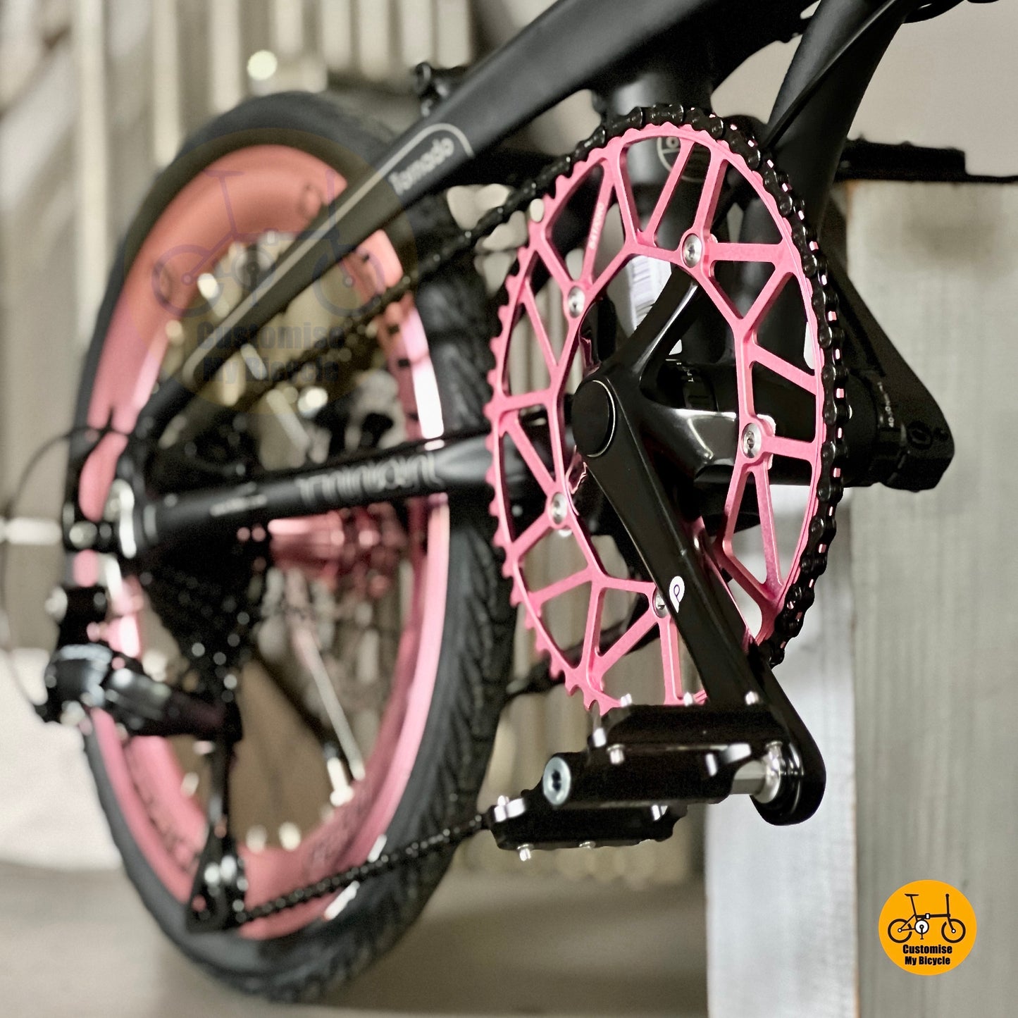 Close up of Litepro Hollowtech crankset with hollow 54t chainring
