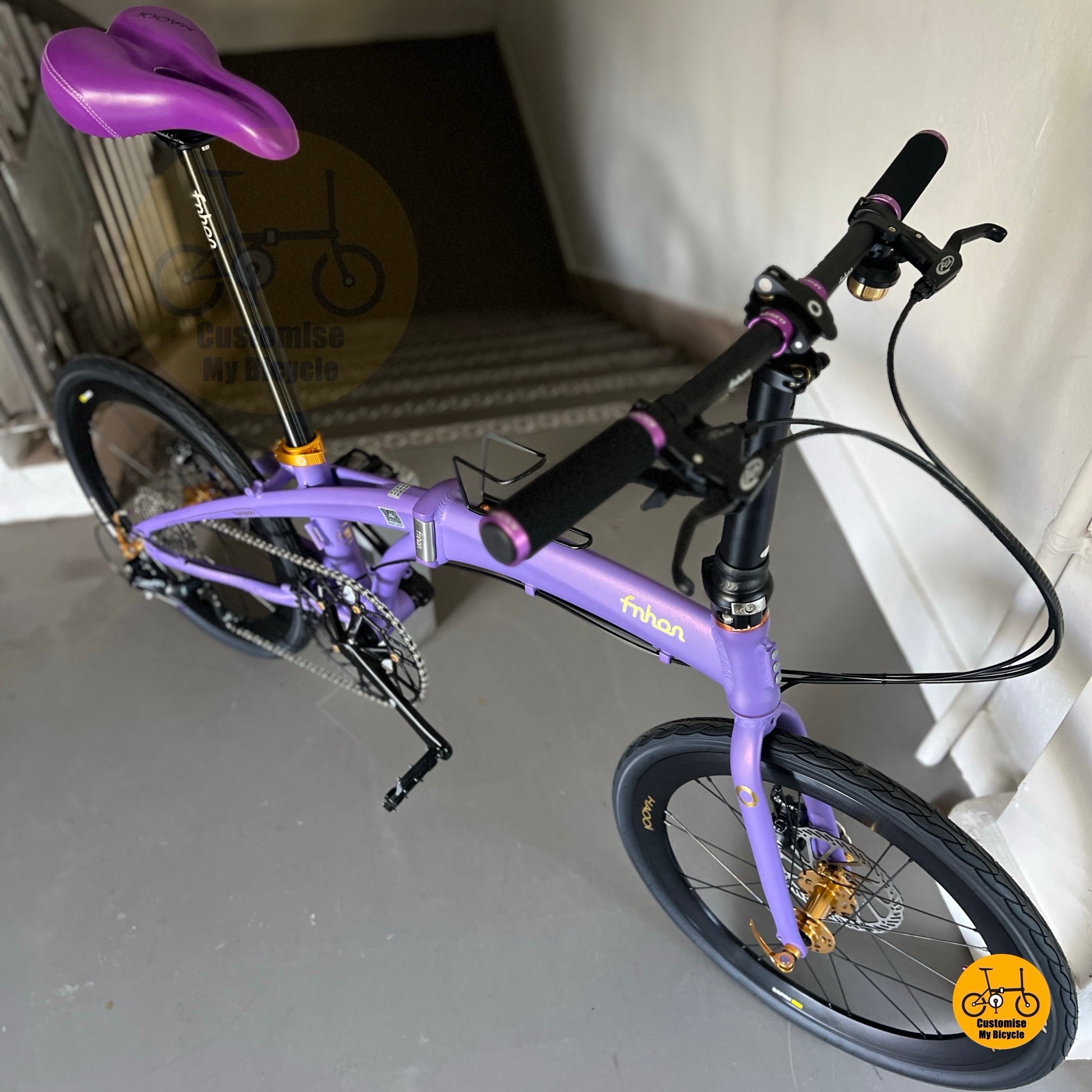 Customised purple comfy saddle on Fnhon Tornado  
