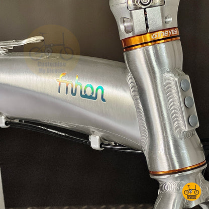 Rainbow "fnhon" logo on Fnhon Tornado 20 inch Polished Silver foldable bicycle with CST tyres
