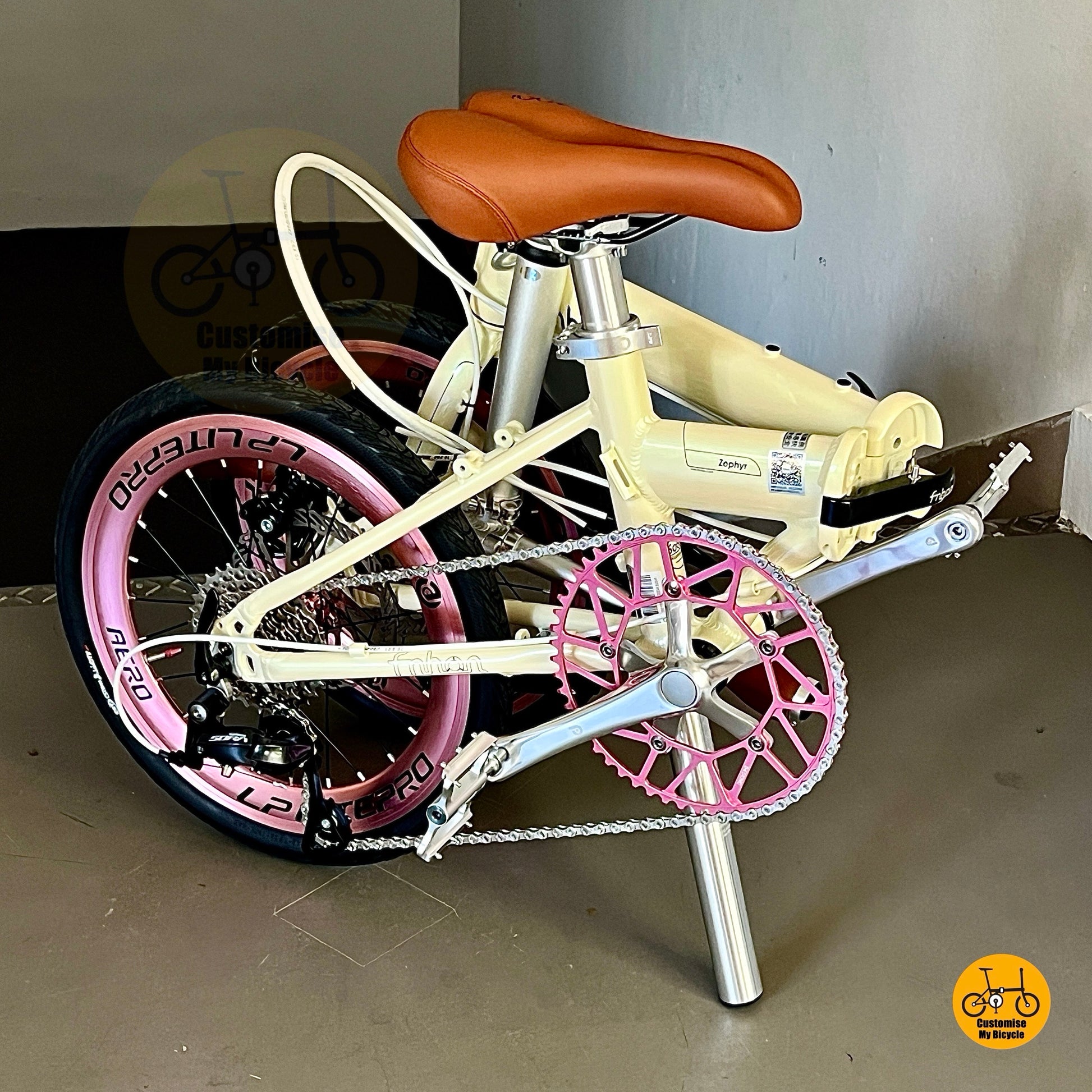 Fnhon Zephyr 18 inch foldable bike beige Shimano 9s mechanical disc brakes Litepro aero wheels CST tyres
