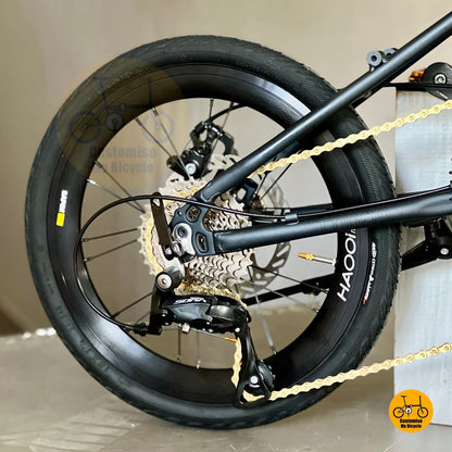 Fnhon Zephyr folding bike close up Shimano 9 gears drivetrain smooth shifting

