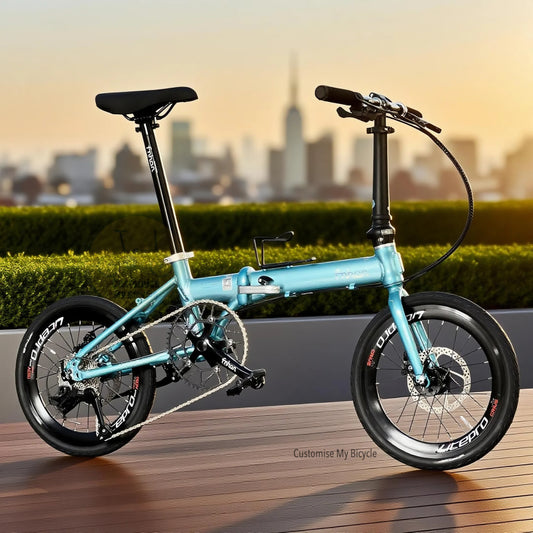 Fnhon Zephyr 18 inch Tiffany Blue folding bike full side view

